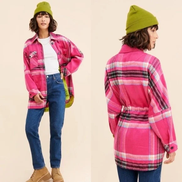 Free People / Down For You Plaid Shirt Jacket Pink - Picture 4 of 10